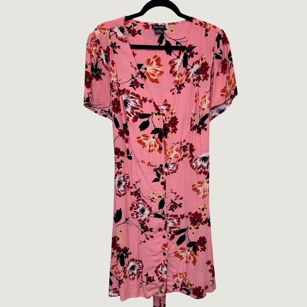 City Chic Faux Wrap Dress M/18 Pink Floral Button Botanical Tie Cottagecore